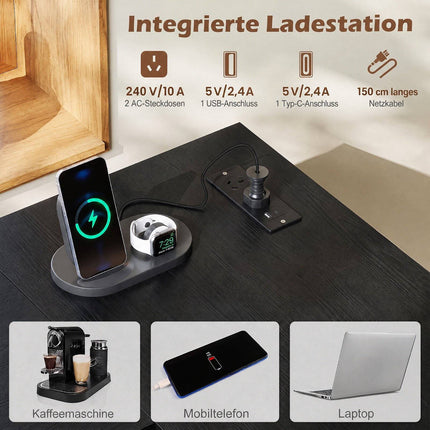 Bar Table Set with 2 Stools, Integrated Power Outlet, Black