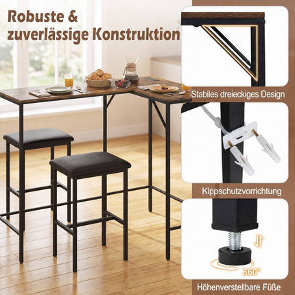 Bar Table Set with 2 Stools, Rustic Brown, Power Outlet