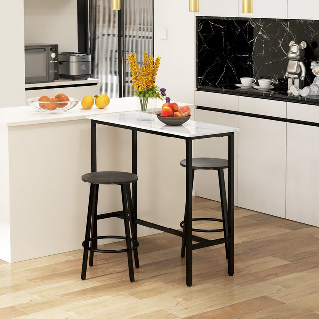 3-piece dining table set in steel with white and black stools