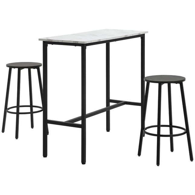 3-piece dining table set in steel with white and black stools
