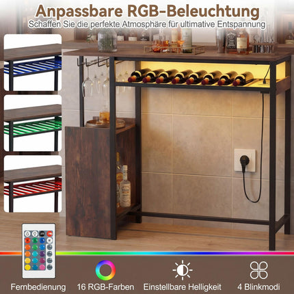 Bar Table with RGB Lighting, Bottle Rack, Glass Holder, USB-C