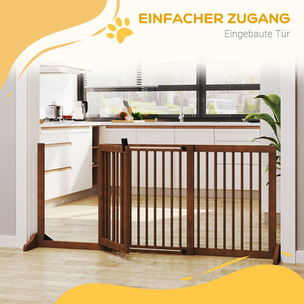 Freestanding wooden dog gate with door, brown, adjustable