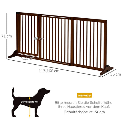 Freestanding wooden dog gate with door, brown, adjustable