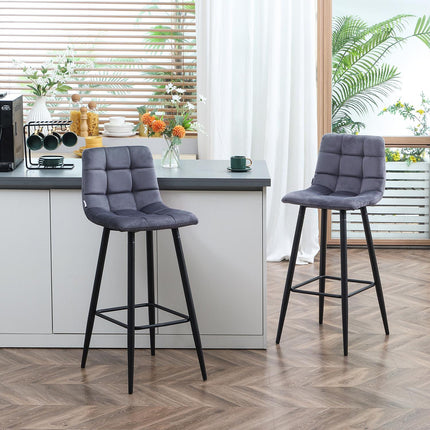 Modern steel bar stool set, velvet, non-slip, 2-pack, gray