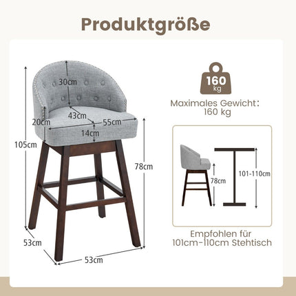 Bar stool set of 2, bar chair, 360° rotatable, kitchen stool with backrest and footrest, 55 x 53 x 105 cm, gray + brown