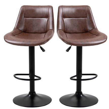 Adjustable barstools in brown artificial leather with backrest, set of 2