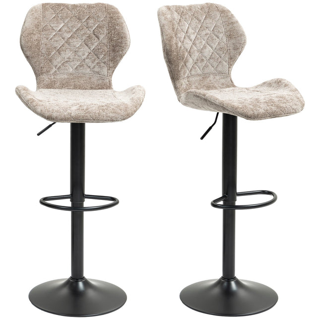 Barkruk set van 2, gevoerde barstoel met rugleuning, chenille-look, stalen frame, in hoogte verstelbare keukenstoelen met voetsteun, 360° draaibare barkruk voor keuken, woonkamer, bruin