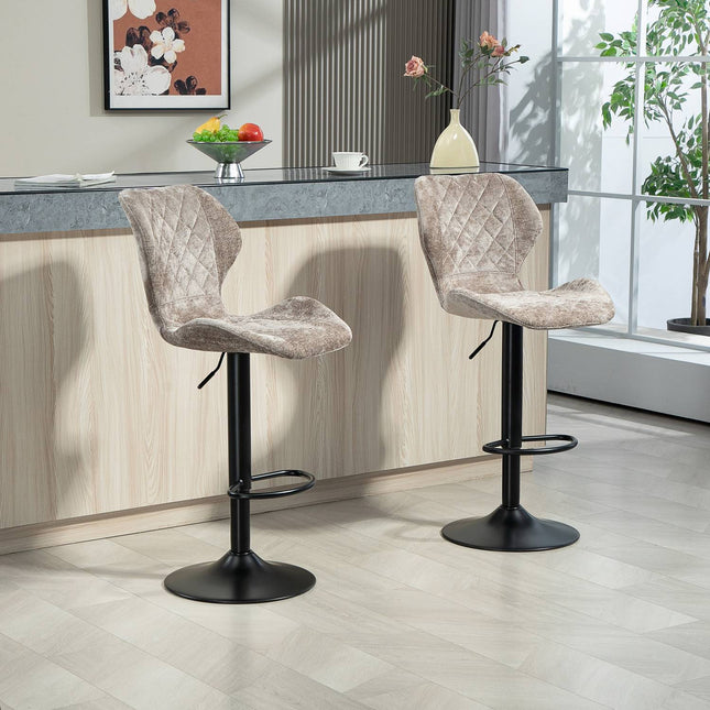 Barkruk set van 2, gevoerde barstoel met rugleuning, chenille-look, stalen frame, in hoogte verstelbare keukenstoelen met voetsteun, 360° draaibare barkruk voor keuken, woonkamer, bruin