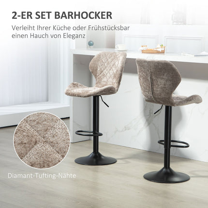 Adjustable brown chenille bar stools, 360° rotatable, set of 2