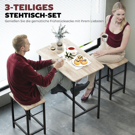 Bar Table Set with 2 Stools, Natural Wood Finish