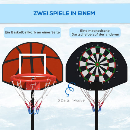 Height-adjustable basketball hoop with magnetic dart board