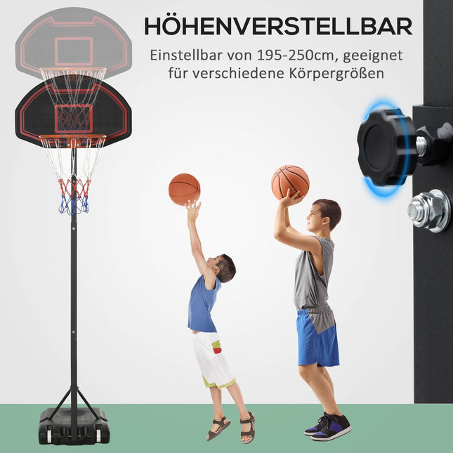 Adjustable outdoor basketball hoop with wheels, 195-250 Cm