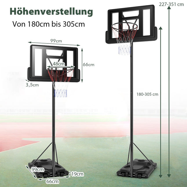Basketbalstandaard 180-305 cm hoogte verstelbare basketbalring met standaard & 2 wielen mandsysteem voor kinderen