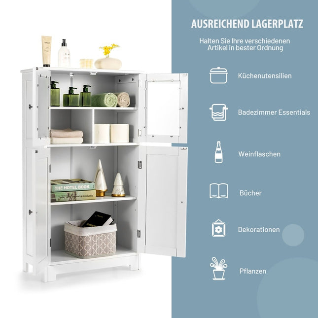Bathroom Cabinet, 4-Door Freestanding Storage with Glass Doors