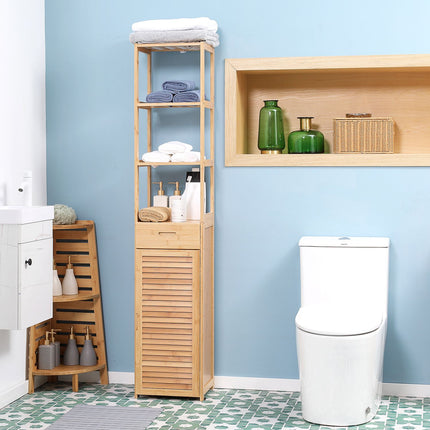 Bamboo bathroom cabinet with drawer and shelves, 32x30x163 cm