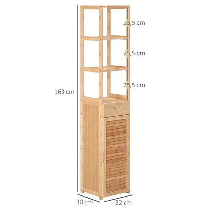 Bamboo bathroom cabinet with drawer and shelves, 32x30x163 cm