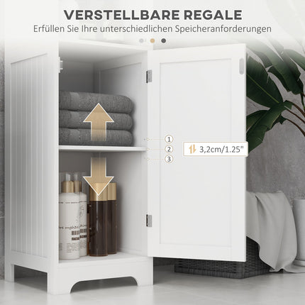 White bathroom storage cabinet, 3 open and 1 closed compartments