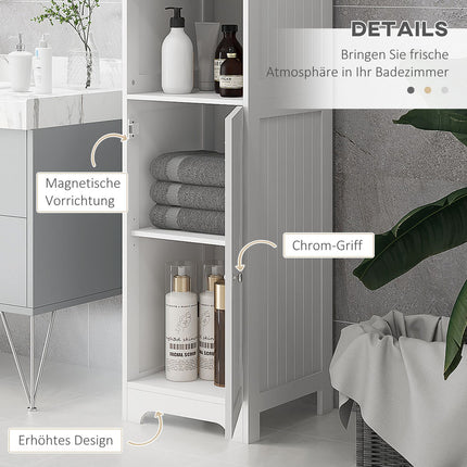 White bathroom storage cabinet, 3 open and 1 closed compartments