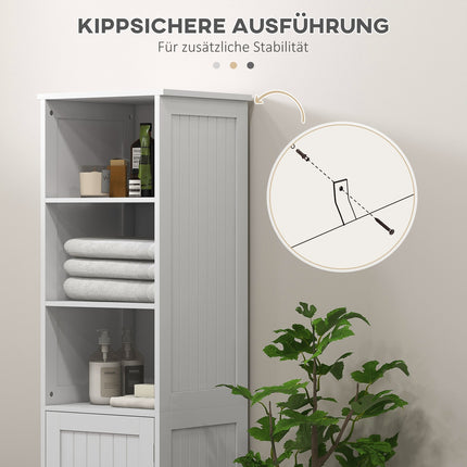 White bathroom storage cabinet, 3 open and 1 closed compartments