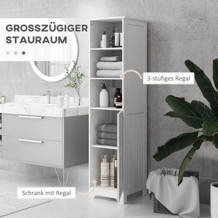 White bathroom storage cabinet, 3 open and 1 closed compartments
