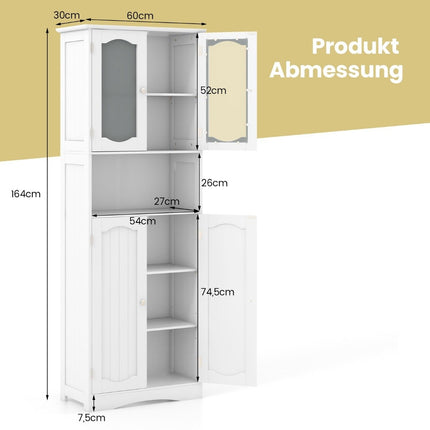 Bathroom Cabinet, Freestanding Tall Unit, 4 Doors, White, 60x30x164 cm