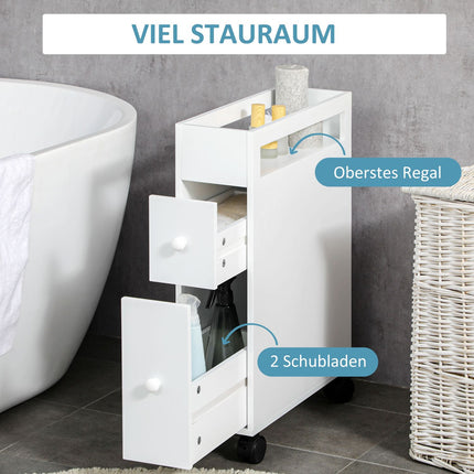 Bathroom cabinet trolley, White, 2 drawers, Wheels