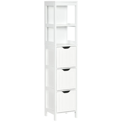 Tall white bathroom cabinet with drawers and shelves