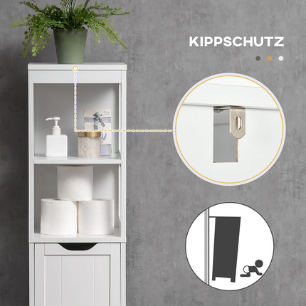 Tall white bathroom cabinet with drawers and shelves
