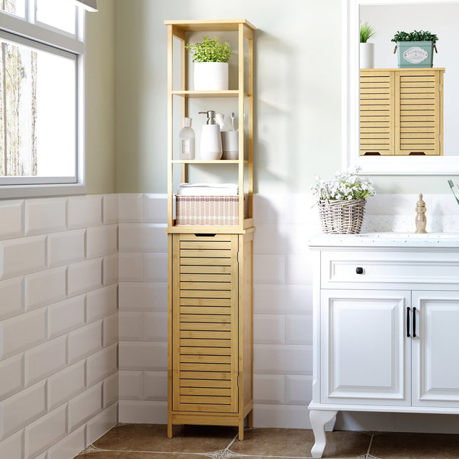 Freestanding bathroom cabinet, 3 shelves, 1 door, natural