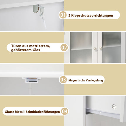 Bathroom Cabinet with 2 Drawers & Glass Doors, Adjustable Shelf