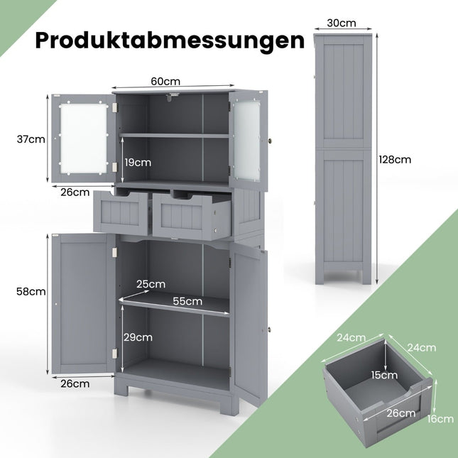 Bathroom Cabinet with 2 Glass Doors, 2 Drawers, Adjustable Shelves