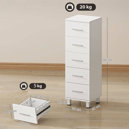 Bathroom Cabinet with 5 Drawers, White, 30x30x95 cm