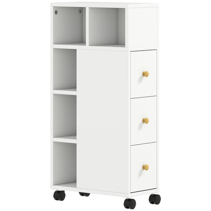 Bathroom Cabinet with Wheels, 3 Drawers, 5 Shelves, White
