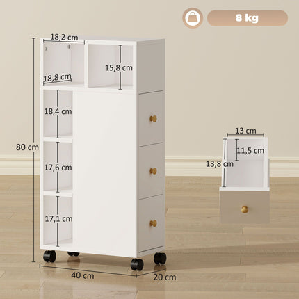 Bathroom Cabinet with Wheels, 3 Drawers, 5 Shelves, White