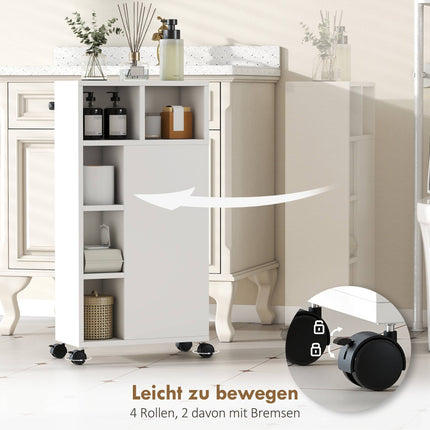 Bathroom Cabinet with Wheels, 3 Drawers, 5 Shelves, White