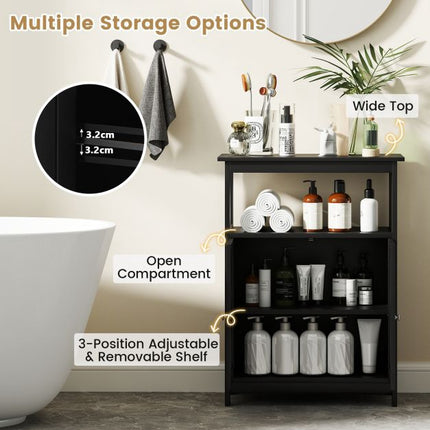 Bathroom Floor Cabinet, 2-Door, Adjustable Shelf, Black