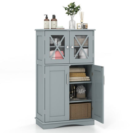 Bathroom Floor Cabinet, 4-Door Glass, Adjustable Shelves