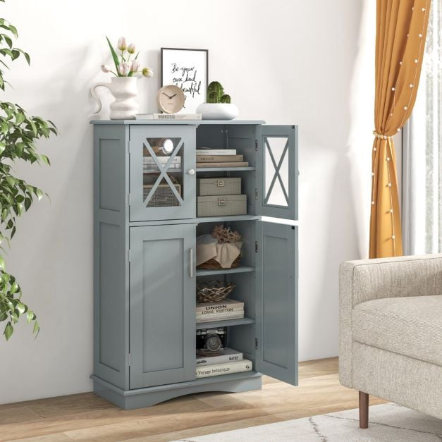 Bathroom Floor Cabinet, 4-Door Glass, Adjustable Shelves