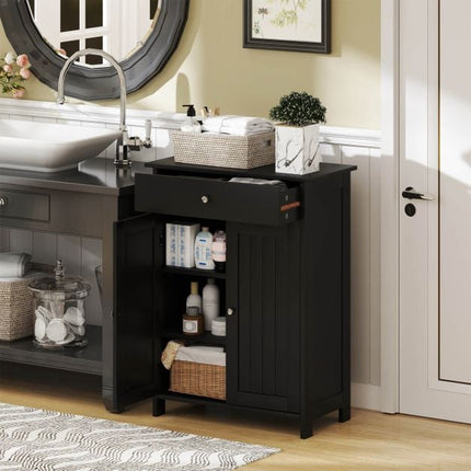 Bathroom Floor Cabinet, Freestanding, 2 Doors, Drawer, Black