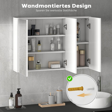 Bathroom Mirror Cabinet, 3 Doors, Wall-Mounted, White, 90x15.5x60 cm