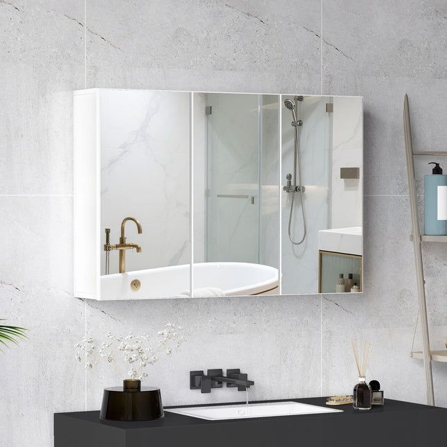 Bathroom Mirror Cabinet, 3 Doors, Wall-Mounted, White, 90x15.5x60 cm