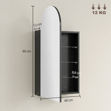 Bathroom Mirror Cabinet, Frameless Arch, Adjustable Shelves, Black