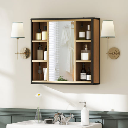 Bathroom Mirror Cabinet, Oak Finish, Wall-Mounted, Adjustable Shelves