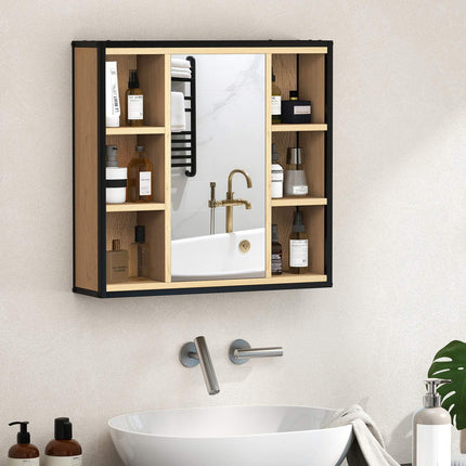 Bathroom Mirror Cabinet, Oak Finish, Wall-Mounted, Adjustable Shelves