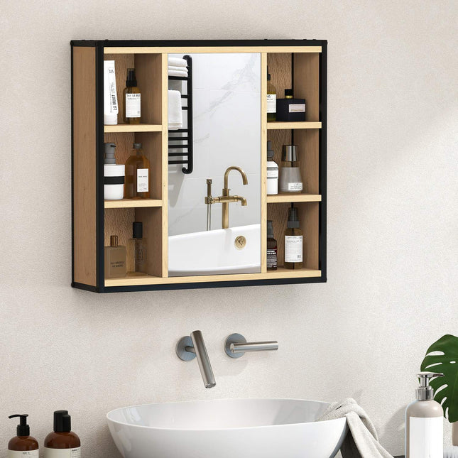 Bathroom Mirror Cabinet, Oak Finish, Wall-Mounted, Adjustable Shelves