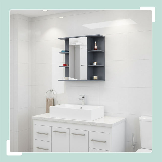 Bathroom Mirror Cabinet, Wall-Mounted, 8 Shelves