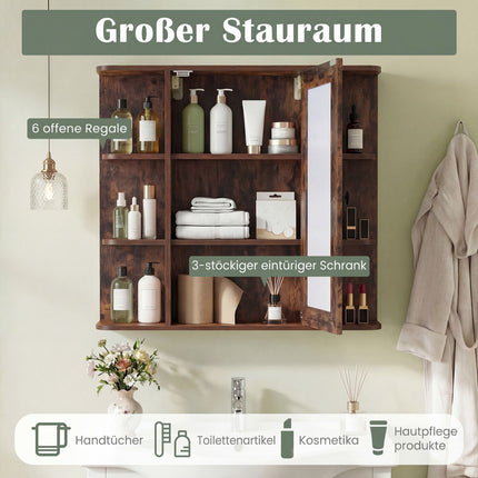 Bathroom Mirror Cabinet with 3 Shelves & 6 Open Compartments