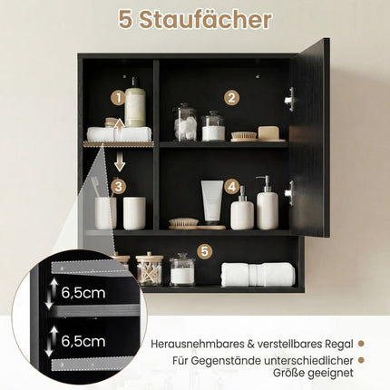 Bathroom Mirror Cabinet with Adjustable Shelves, Black, 55x16x61 cm