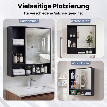 Bathroom Mirror Cabinet with Door & 3 Open Shelves, Black