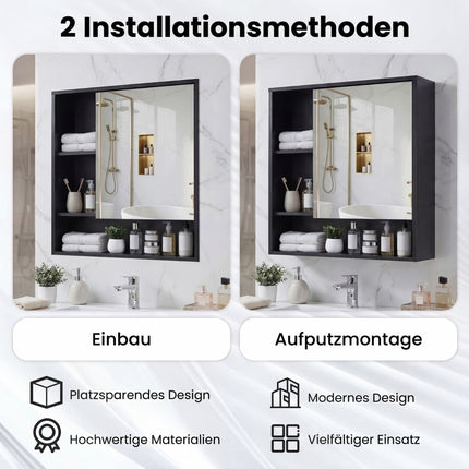 Bathroom Mirror Cabinet with Door & 3 Open Shelves, Black